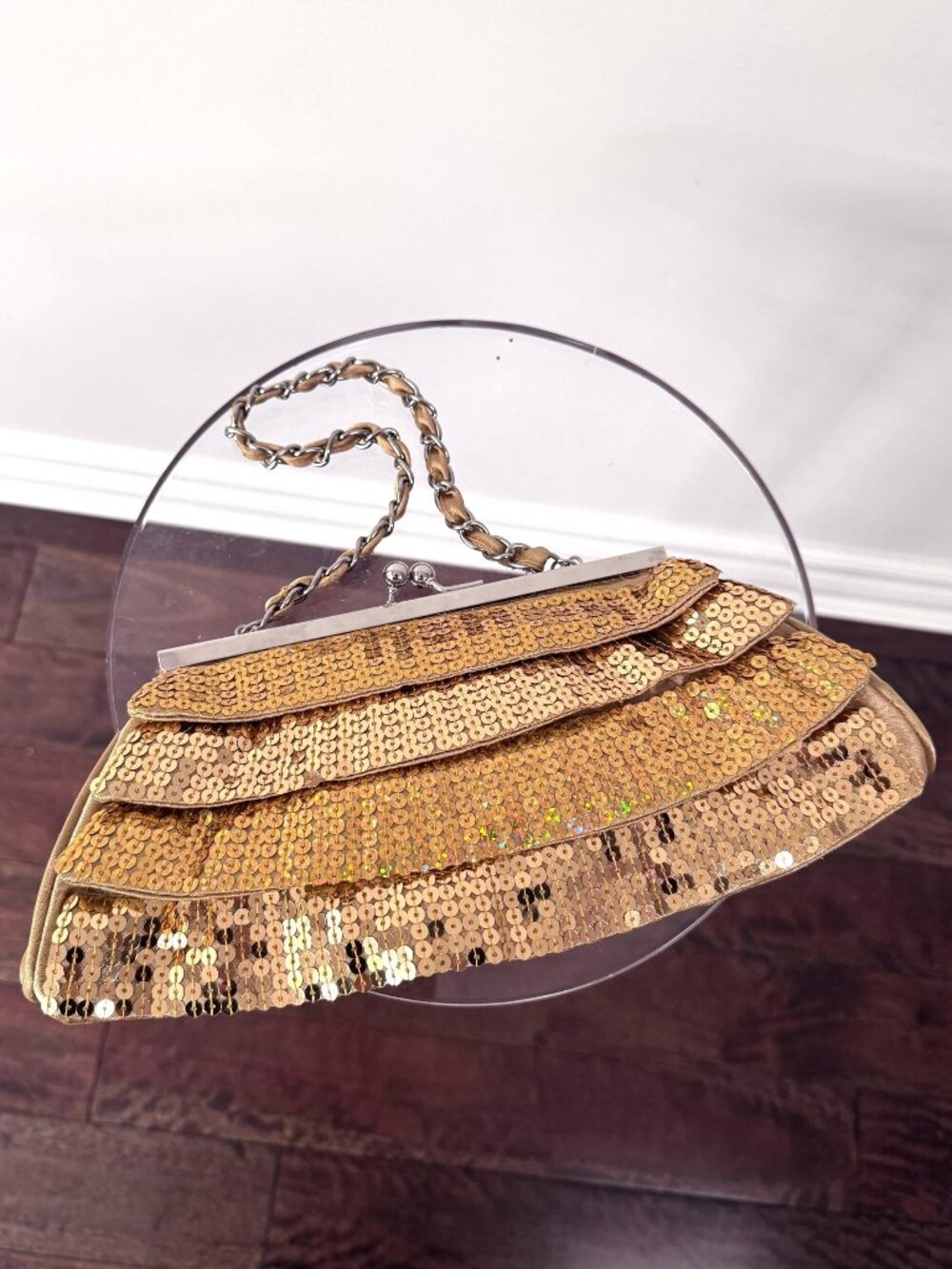 Y2K vintage gold metallic sequin small clutch party evening bag with chain strap